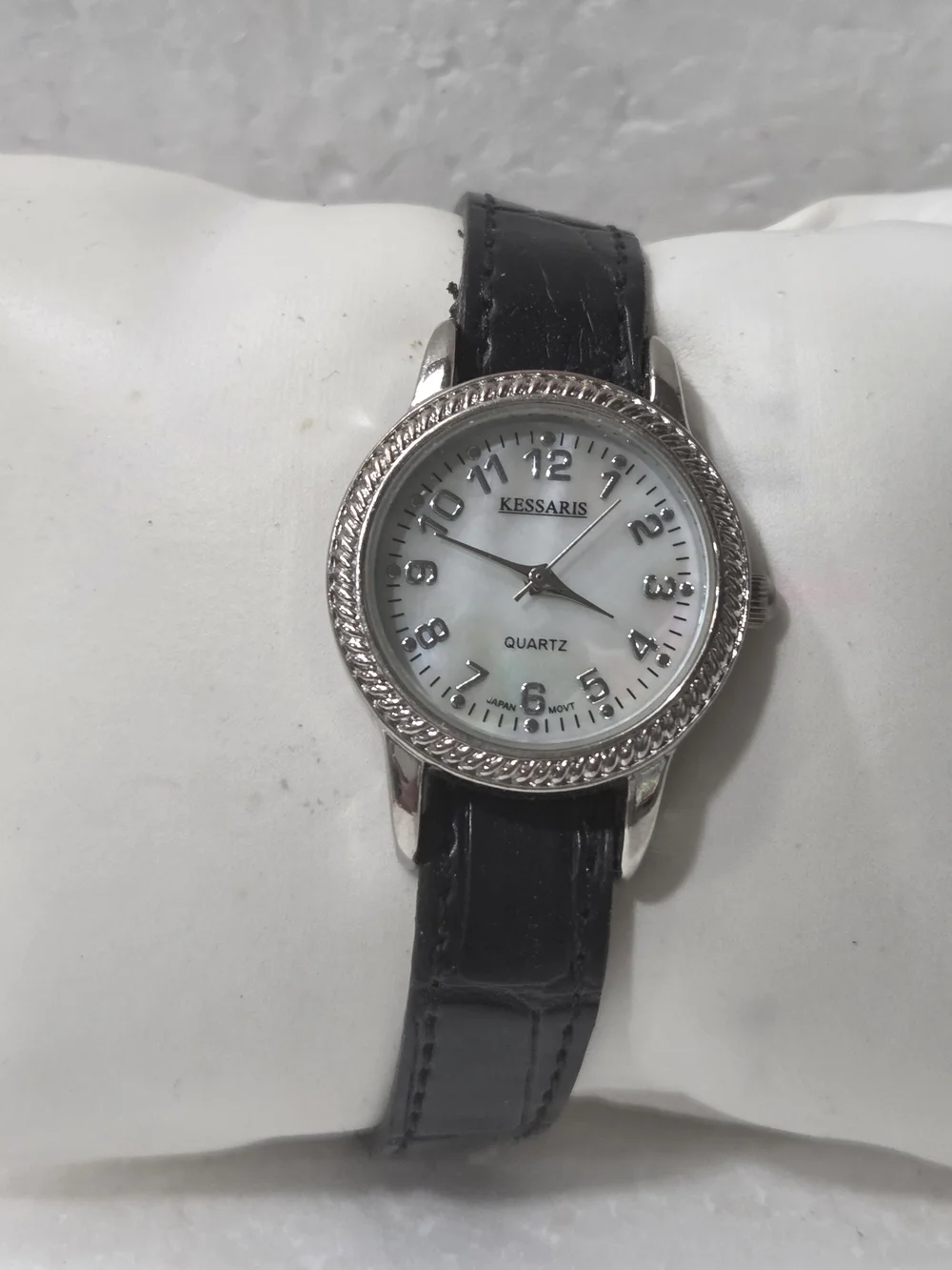 Kessaris Women's Silver Case Watch with Black Leather Strap